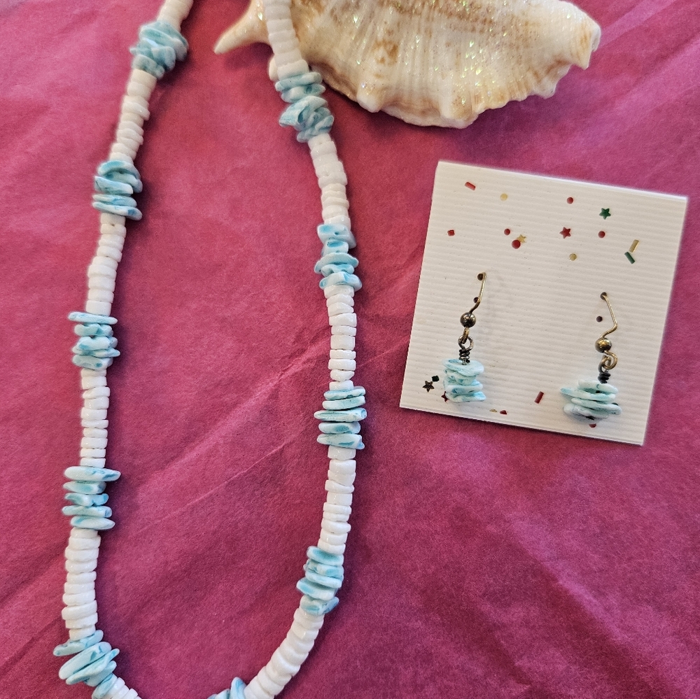 Handmade Aqua & Coral Beaded Necklace and Earrings